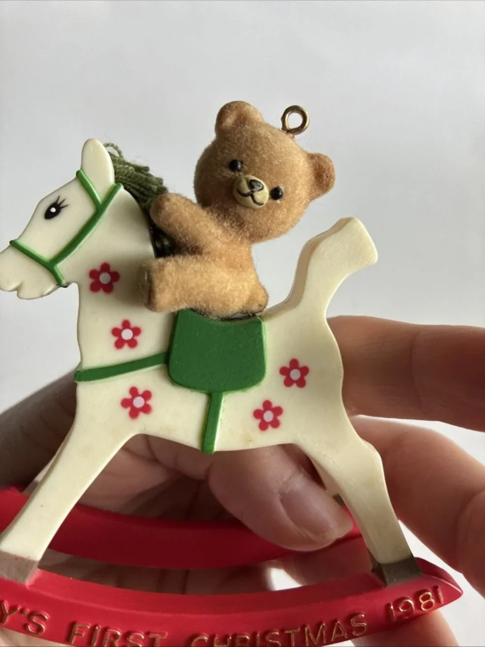 Vintage 1981 Babys First Christmas Teddy Bear Rocking Horse Ornament Flocked